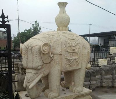 别墅小区大理石石雕背着花瓶的大象雕塑