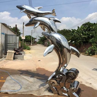 喷泉水景摆件不锈钢镜面抽象海豚雕塑