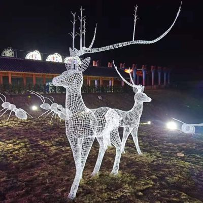 户外广场不锈钢叶子亮灯的鹿雕塑