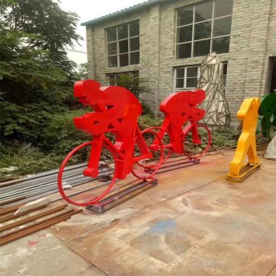 公园广场摆放不锈钢喷漆骑行抽象运动人物雕塑