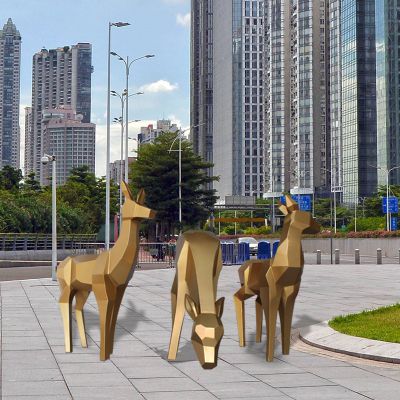 城市街道不锈钢几何鹿雕塑