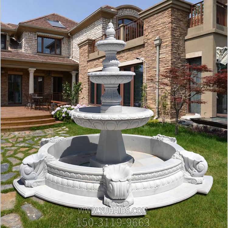 别墅小区欧式汉白玉大理石三层石雕流水喷泉雕塑