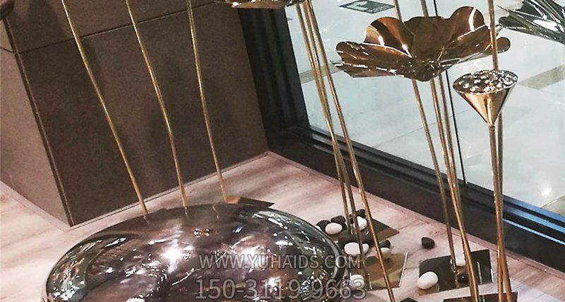 室内花园不锈钢装饰品莲花莲蓬鹅卵石雕塑