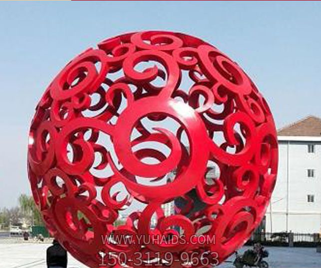 公园广场玻璃钢抽象红色镂空球雕塑