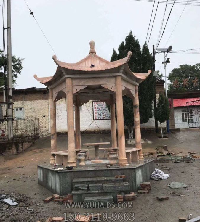 村庄广场摆放大理石雕刻古建六角凉亭摆件雕塑