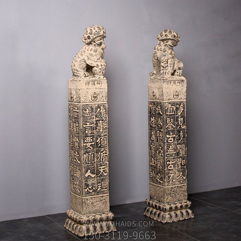 中式庭院门口摆放大理石做旧拴马柱装饰雕塑