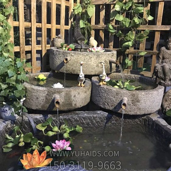 老石缸青石石槽鱼缸石头花盆别墅园林水景老石器竹子流水圆形养荷花池雕塑