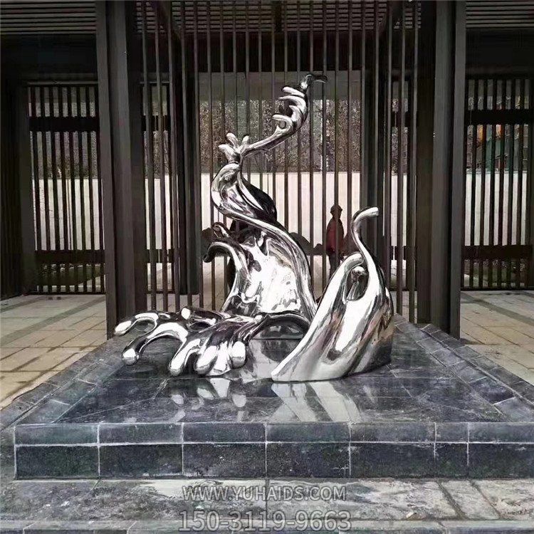 不锈钢镜面酒店会所门口水景摆件海浪浪花雕塑