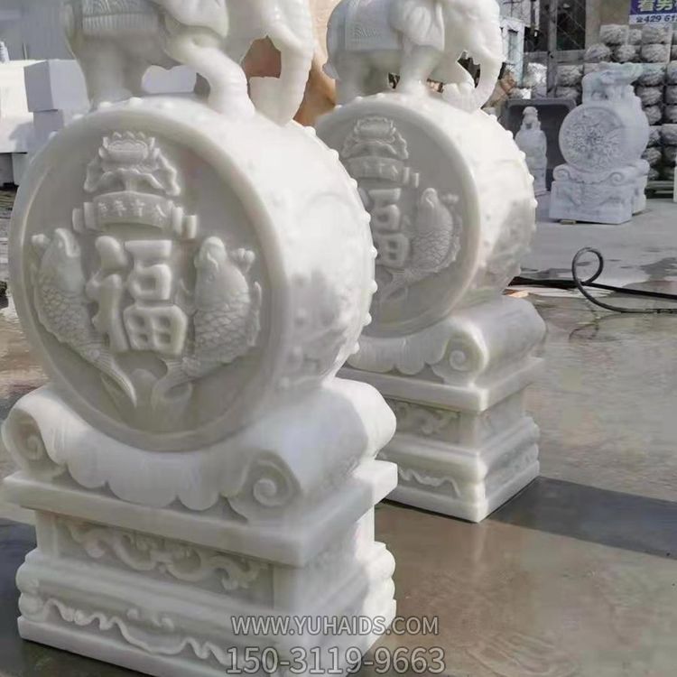 汉白玉浮雕小象镇宅招财庭院门口抱鼓石雕塑