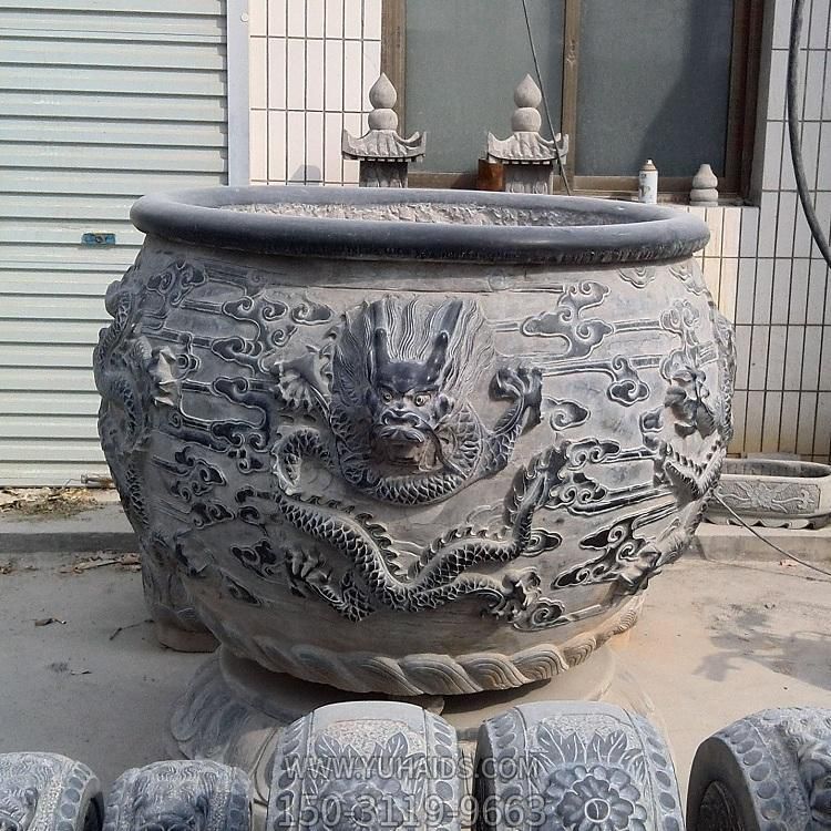 石雕鱼缸花盆青石仿古做旧圆形户外室内庭院装饰石头缸雕塑