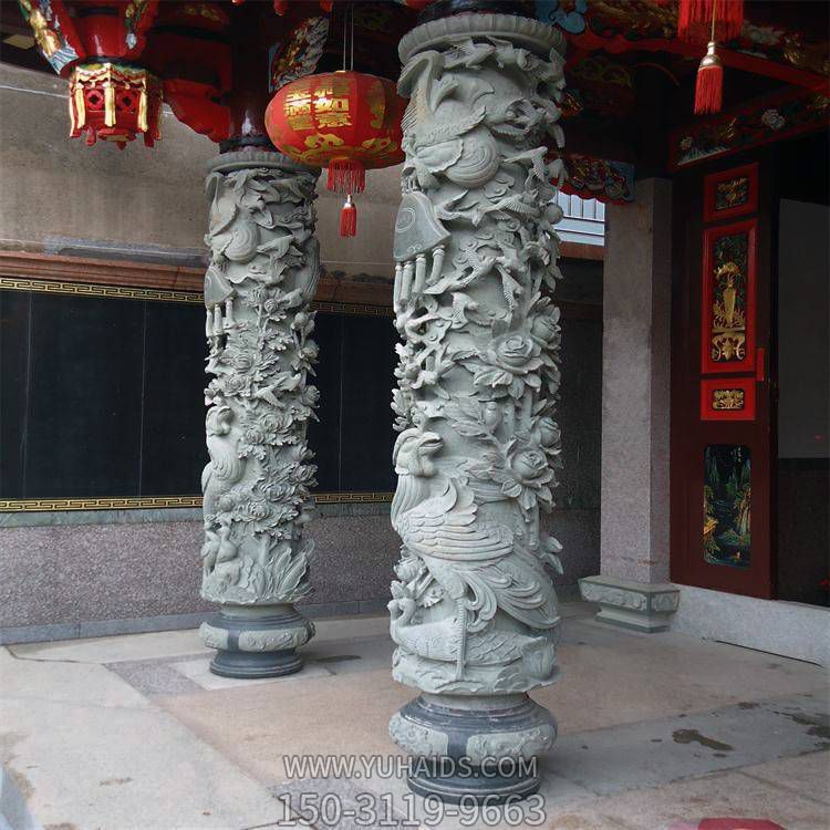 青石天然石材浮雕凤凰寺院祠堂门前石柱子雕塑