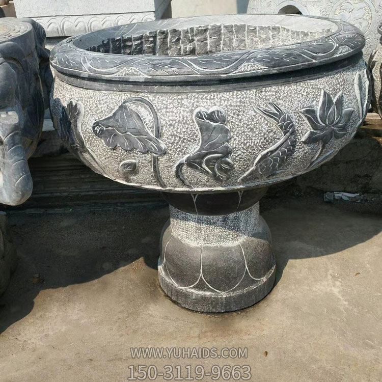 石雕鱼缸花盆青石庭院水缸石头荷花鱼石盆中式圆缸雕塑