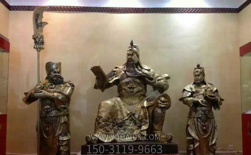 不锈钢仿铜景点大型看书的关公雕塑