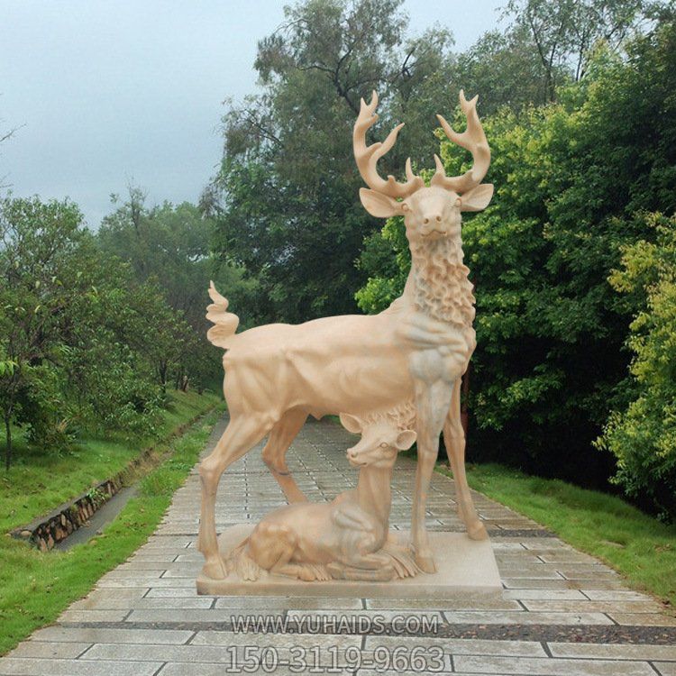 天然石雕晚霞红小鹿母子户外公园草地摆件雕塑