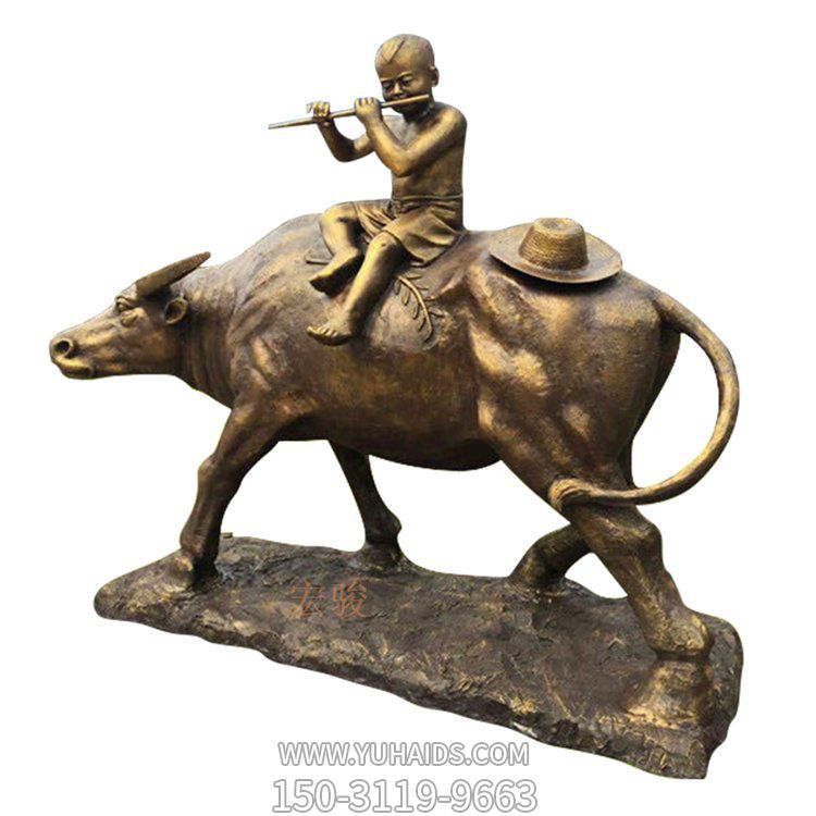 街道园林玻璃钢仿铜牛背上牧笛的儿童景观雕塑