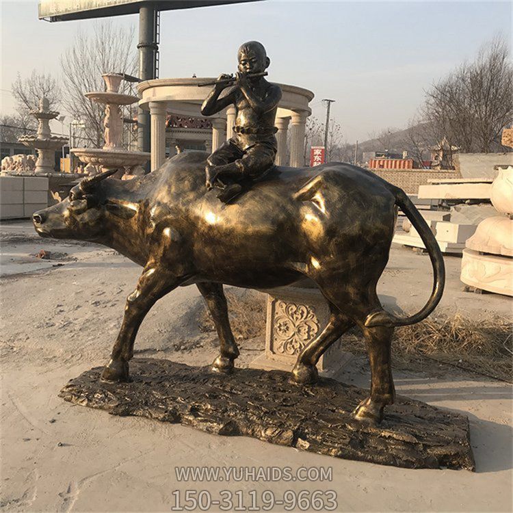 农耕文化人物雕像牧童骑水牛吹笛景观小品雕塑