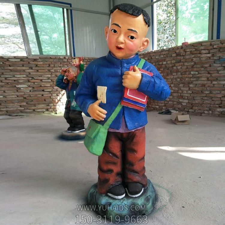 玻璃钢彩绘卡通 学校儿童小孩上学雕塑