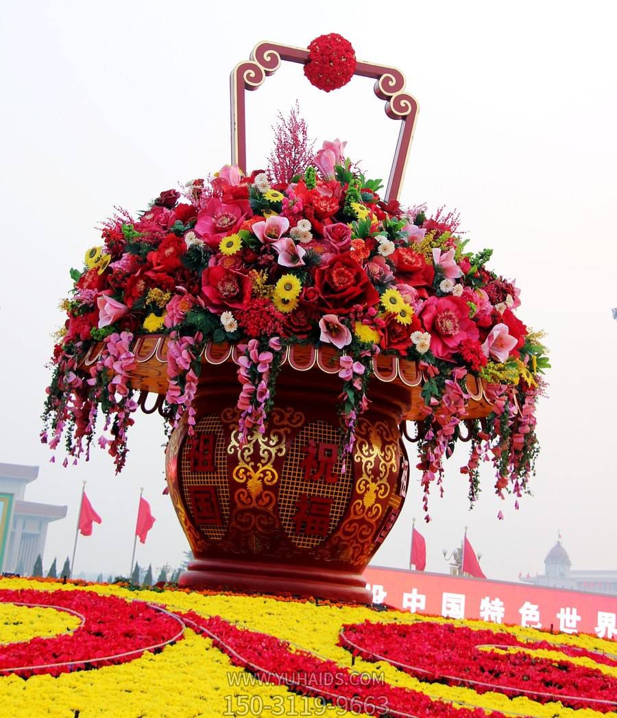 景区玻璃钢彩绘仿真花朵花篮雕塑