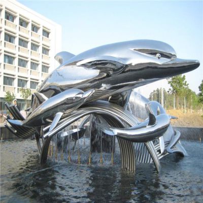 企业广场喷泉水池不锈钢抛光工艺海豚群摆件