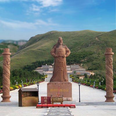 中国景区历史名人大型晚霞红砂石李世民景观雕塑