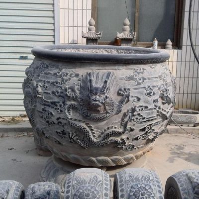 石雕鱼缸花盆青石仿古做旧圆形户外室内庭院装饰石头缸