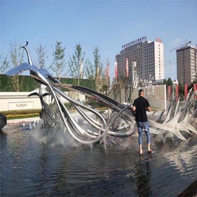 不锈钢户外广场大型抽象景观水景喷泉创意凤凰雕塑