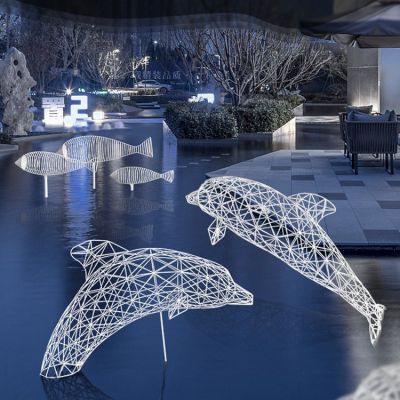 不锈钢镂空海洋动物 户外酒店门口 铁艺镜面镂空鱼群雕塑