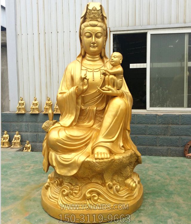 景点寺庙不锈钢漆金送子观音雕塑