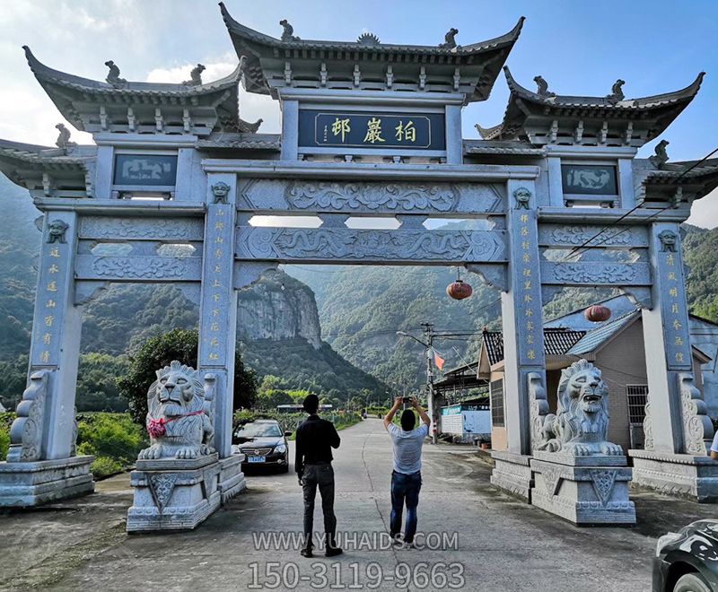 景区仿古代建筑斗拱三门石雕牌坊雕塑