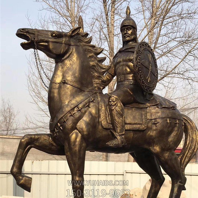 西方古代的骑马士兵铜雕，手持盾牌骑马身上的西方战士雕塑