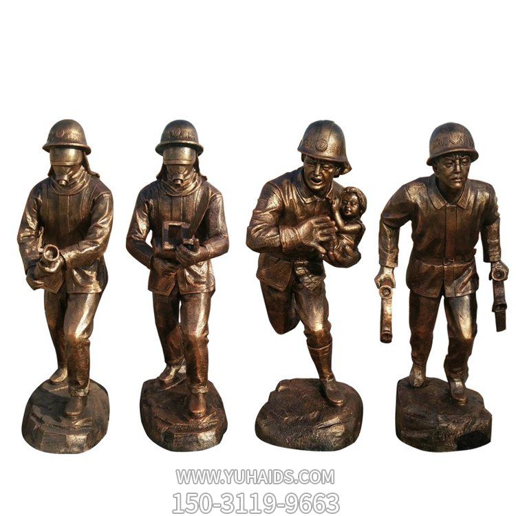 玻璃钢仿铜消防员人物雕塑校园广场宣传小品