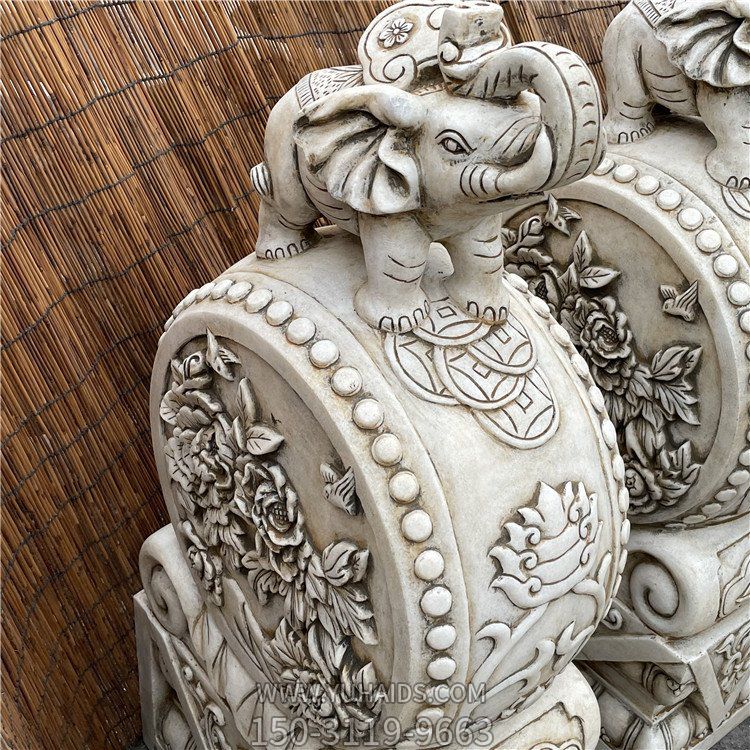 汉白玉菊花纹抱鼓石，大象门墩雕塑
