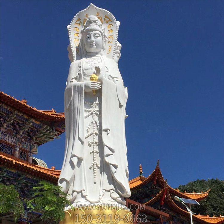 大型石雕三面观音汉白玉佛像寺院户外石雕雕塑