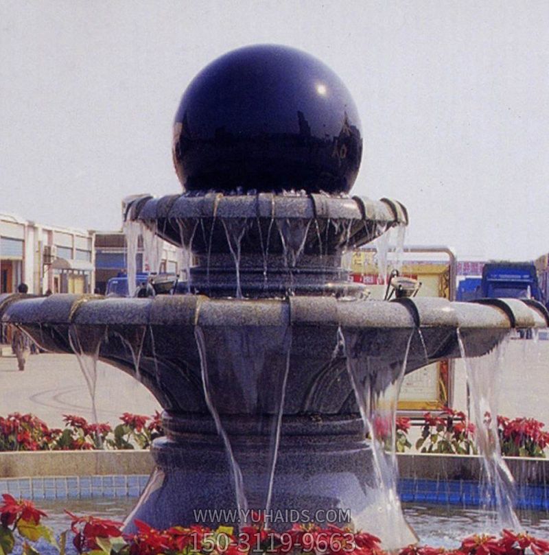 酒店中国黑双层风水球喷泉石雕雕塑