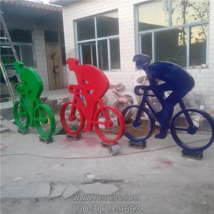 不锈钢剪影抽象骑自行车的人物景观雕塑
