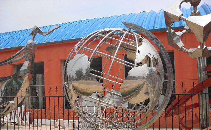 公园创意镜面白钢镂空地球仪雕塑