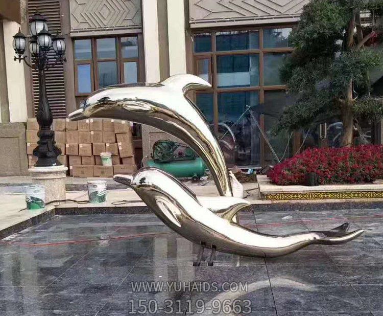 镜面不锈钢户外园林喷泉水景摆件海豚雕塑