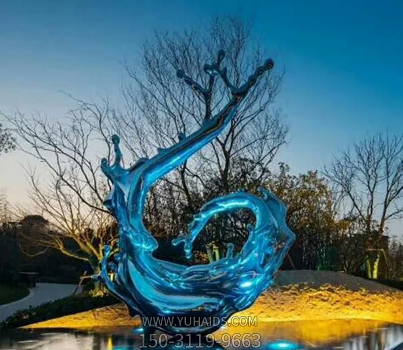 海边装饰一朵蓝色不锈钢海浪浪花雕塑