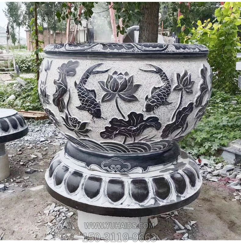 庭院寺庙大型青石石雕塑鲤鱼花盆雕塑