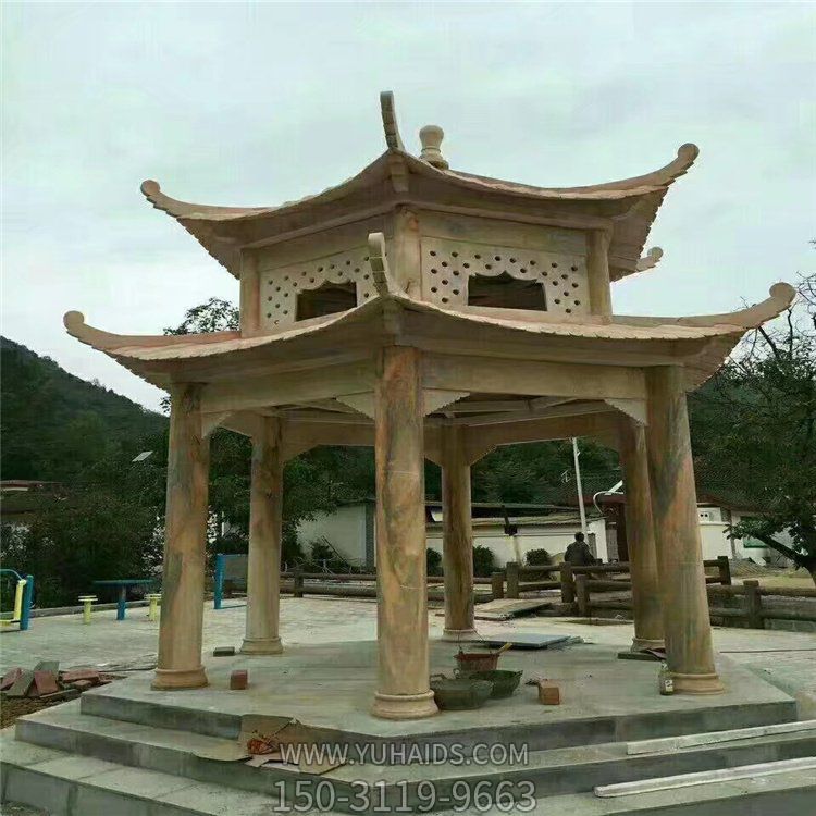 晚霞红石雕大型双层中式六角凉亭雕塑