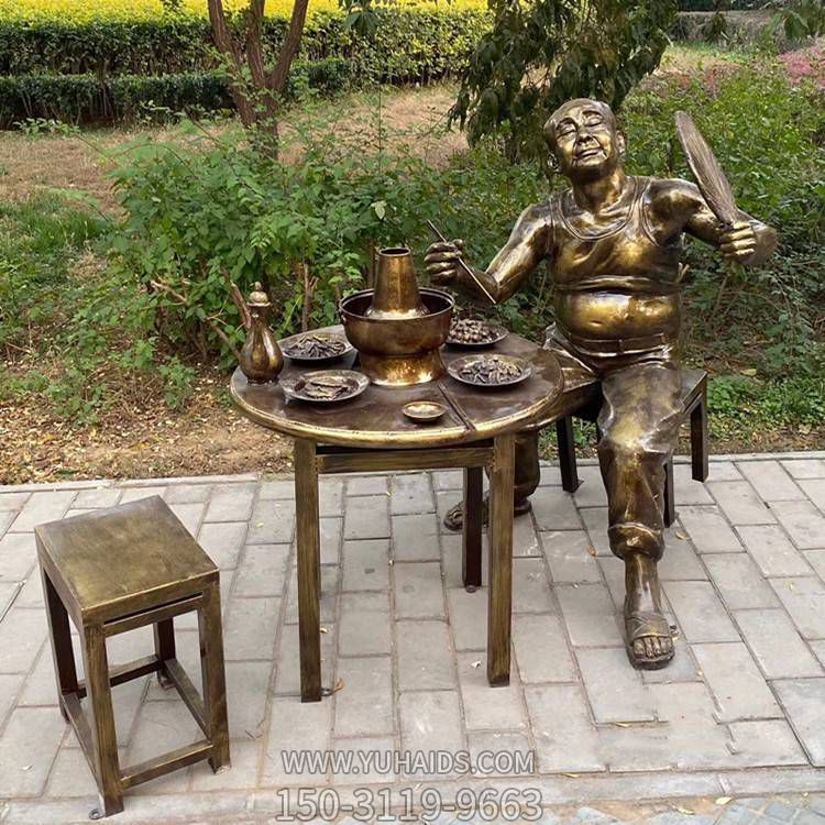 餐馆摆放玻璃钢仿铜吃火锅人物雕塑 小品