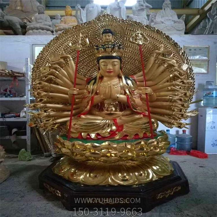 不锈钢喷金烤寺庙大型景观千手观音雕塑