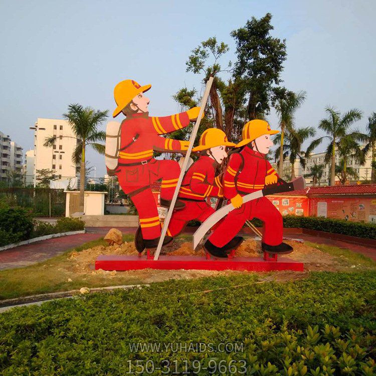 不锈钢剪影喷漆彩绘卡通消防员公园雕塑摆件