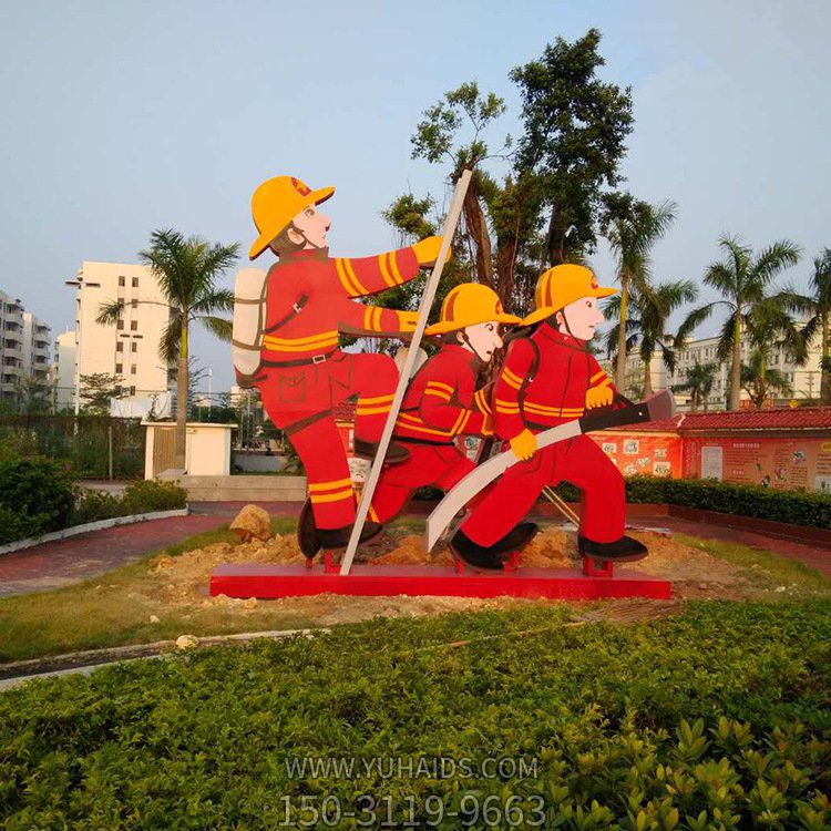 不锈钢剪影喷漆彩绘卡通消防员公园雕塑摆件