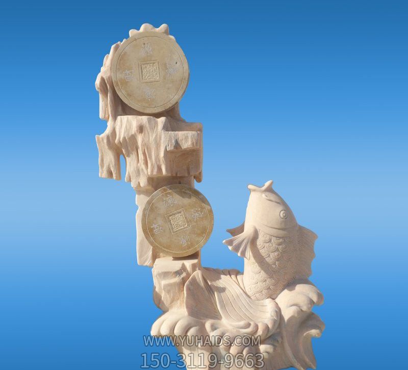 游乐园摆放的带铜钱的汉白玉石雕创意喷水雕塑