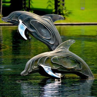 不锈钢海豚雕塑，池塘水景抽象海豚景观动物雕塑
