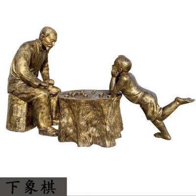 玻璃钢仿铜户外园林景观下象棋的人物雕塑