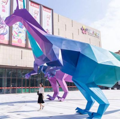 商场户外摆放玻璃钢彩绘几何大型恐龙雕塑