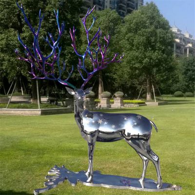大型动物景观不锈钢镜面梅花鹿雕塑