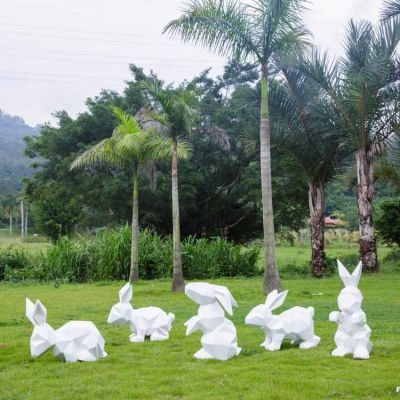 不锈钢几何抽象园林景观兔子雕塑